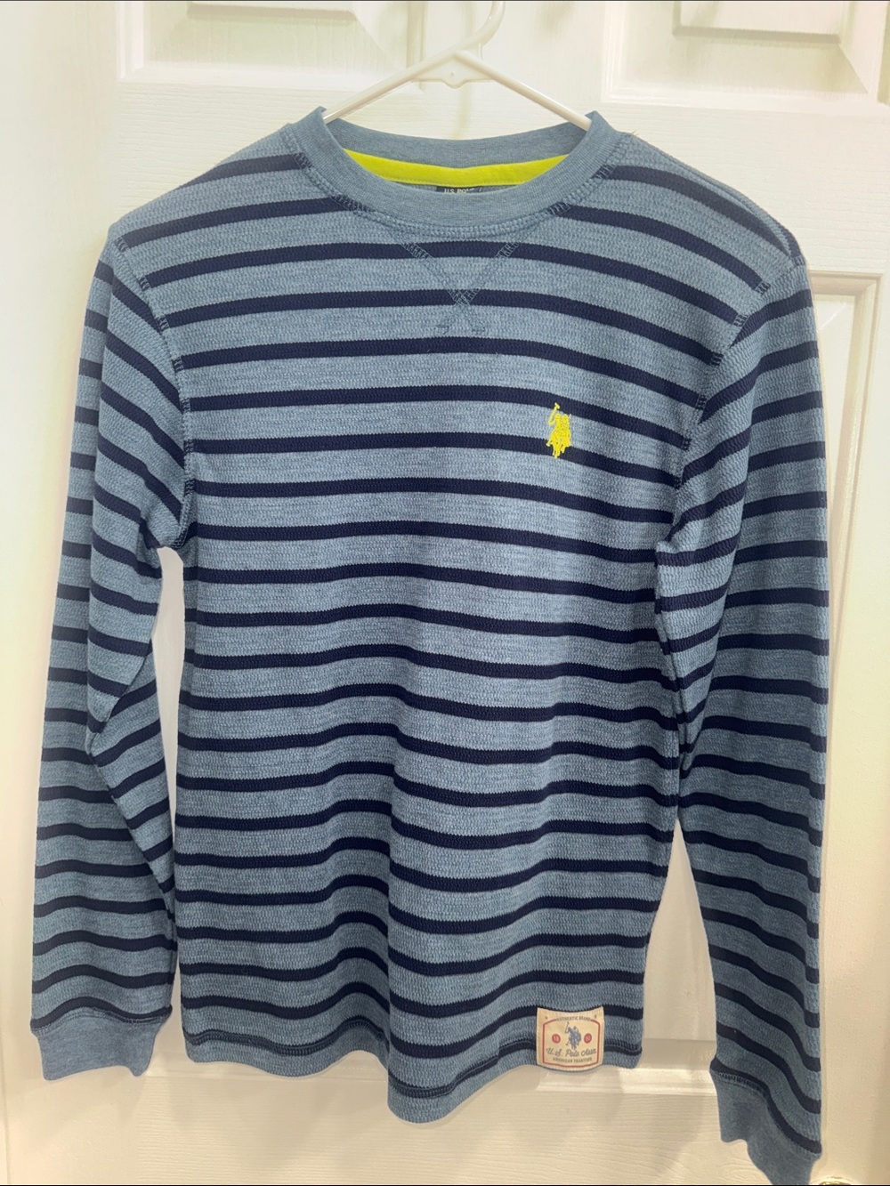 Ralph Lauren Light Blue and Navy Striped Crewneck Sweatshirt with Yellow Polo